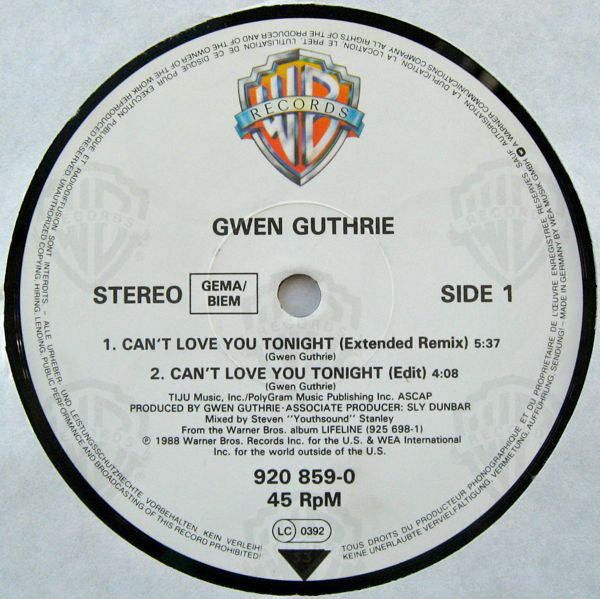 Gwen Guthrie : Can't Love You Tonight (12")