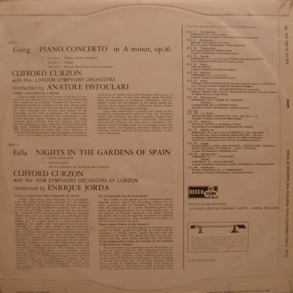 Edvard Grieg, Manuel De Falla, Clifford Curzon, London Symphony Orchestra, Anatole Fistoulari, The New Symphony Orchestra Of London, Enrique Jordá : Piano Concerto / Nights In The Gardens Of Spain (LP, Mono, RE)