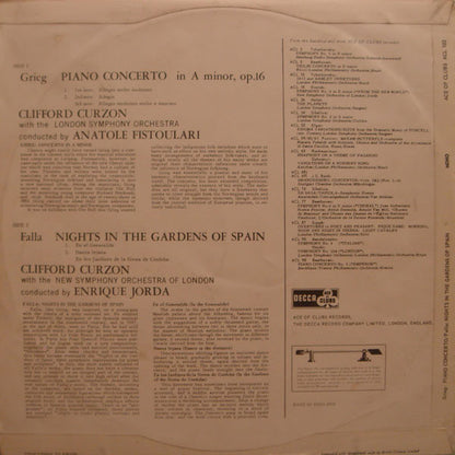 Edvard Grieg, Manuel De Falla, Clifford Curzon, London Symphony Orchestra, Anatole Fistoulari, The New Symphony Orchestra Of London, Enrique Jordá : Piano Concerto / Nights In The Gardens Of Spain (LP, Mono, RE)