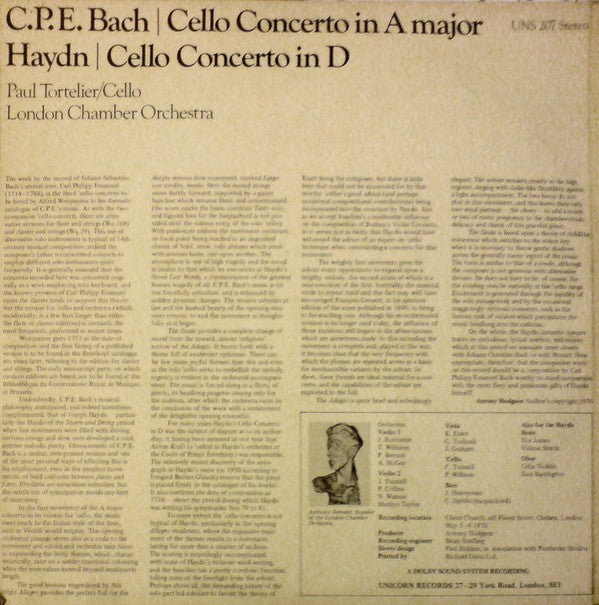 Carl Philipp Emanuel Bach, Joseph Haydn, Paul Tortelier, The London Chamber Orchestra : Cello Concerto In A Major Wq. 172 / Cello Concerto In D Op. 101 (LP, RE, Red)