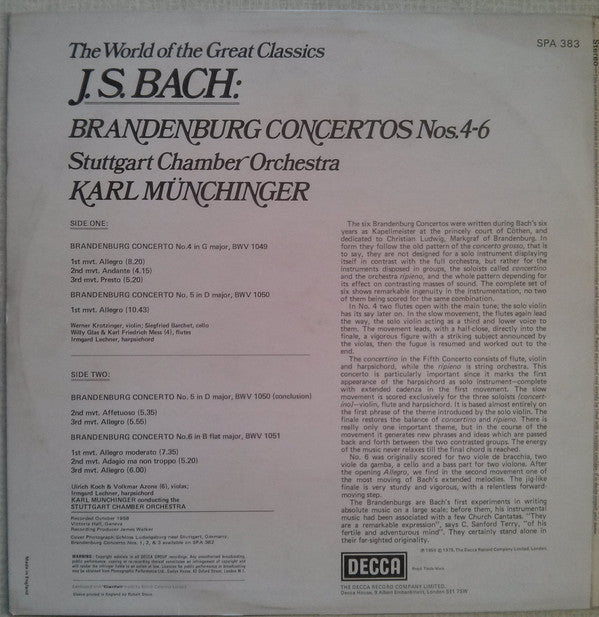 Johann Sebastian Bach, Stuttgarter Kammerorchester, Karl Münchinger : Brandenburg Concertos Nos. 4-6 (LP, Comp, RE)