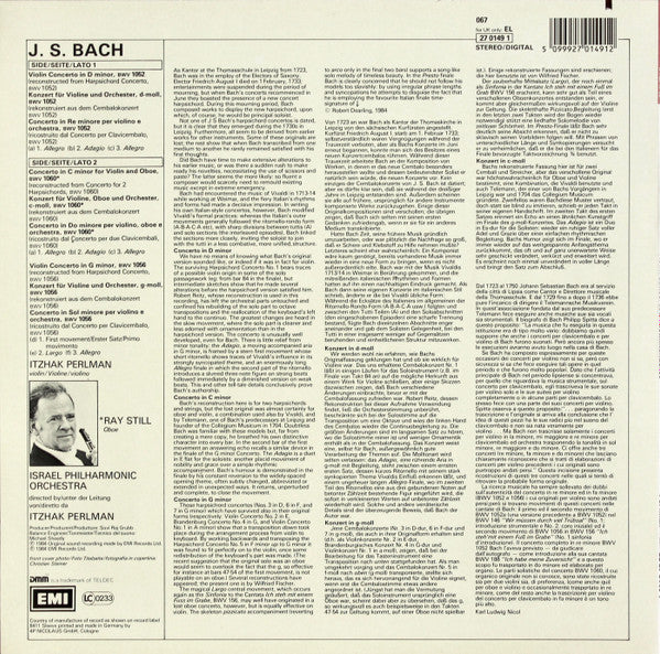 Johann Sebastian Bach, Itzhak Perlman, Ray Still, Israel Philharmonic Orchestra : Violin Concertos In D Minor & G Minor, Concerto For Violin & Oboe In C Minor (LP)