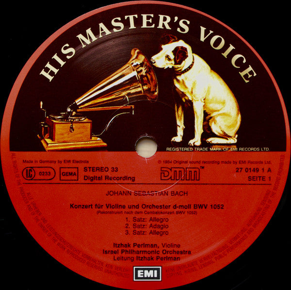 Johann Sebastian Bach, Itzhak Perlman, Ray Still, Israel Philharmonic Orchestra : Violin Concertos In D Minor & G Minor, Concerto For Violin & Oboe In C Minor (LP)