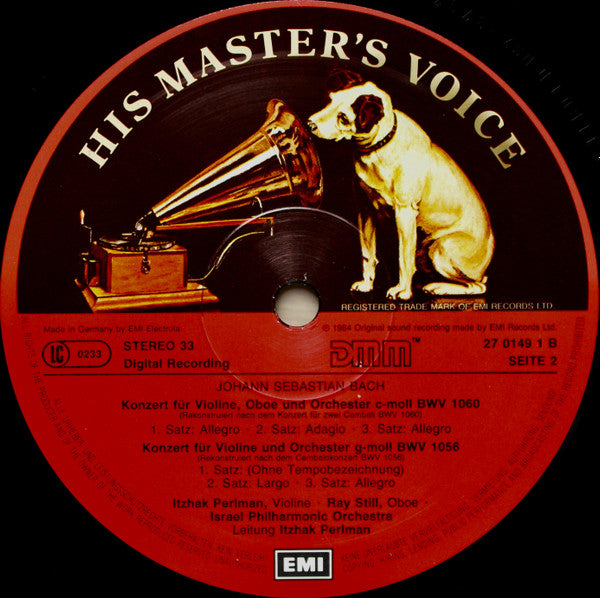 Johann Sebastian Bach, Itzhak Perlman, Ray Still, Israel Philharmonic Orchestra : Violin Concertos In D Minor & G Minor, Concerto For Violin & Oboe In C Minor (LP)