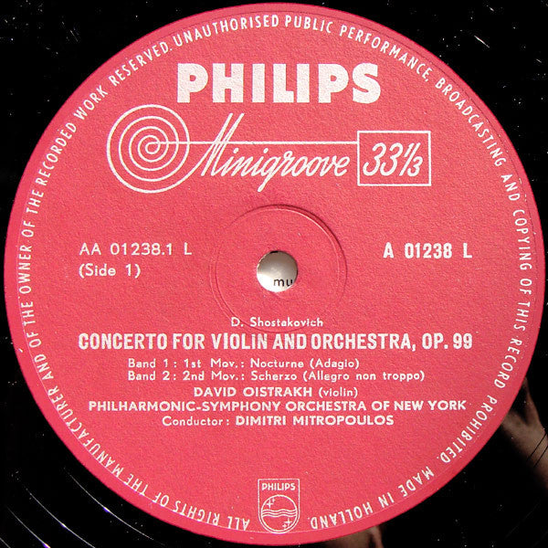Dmitri Shostakovich / David Oistrach, Philharmonic-Symphony Orchestra Of New York, Dimitri Mitropoulos : Concerto For Violin And Orchestra Op. 99 (LP)