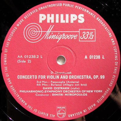Dmitri Shostakovich / David Oistrach, Philharmonic-Symphony Orchestra Of New York, Dimitri Mitropoulos : Concerto For Violin And Orchestra Op. 99 (LP)