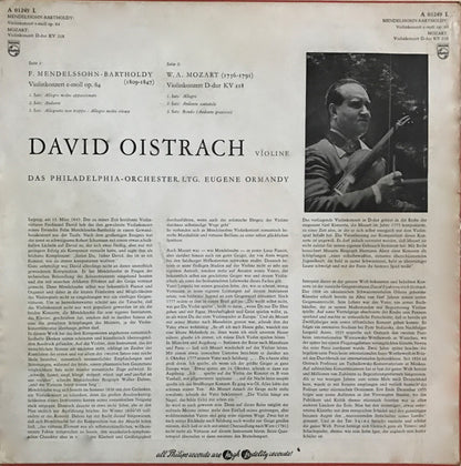 David Oistrach, Felix Mendelssohn-Bartholdy / Wolfgang Amadeus Mozart, The Philadelphia Orchestra, Eugene Ormandy : Violinkonzert E-moll Op. 64 / Violinkonzert D-dur KV 218 (LP, Mono)