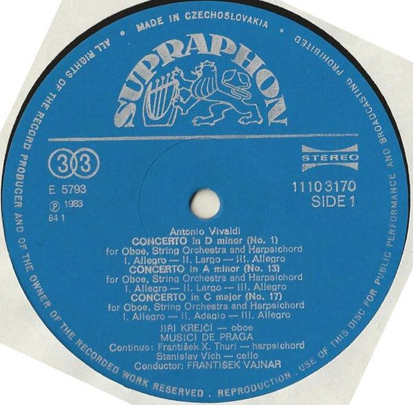 Antonio Vivaldi – Jiří Krejčí (2), Musici De Praga, František Vajnar : Oboe Concertos (LP, RP)