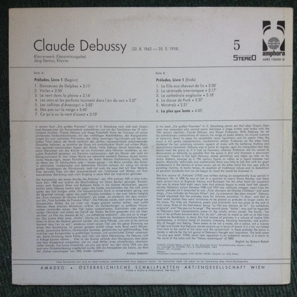 Claude Debussy, Jörg Demus : Klavierwerk (Gesamtausgabe) 5 (LP)