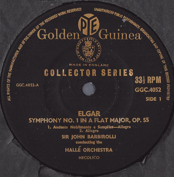 Sir Edward Elgar, Sir John Barbirolli Conducting Hallé Orchestra : Symphony No. 1 In A Flat Major, Op. 55 (LP, Mono, RE)