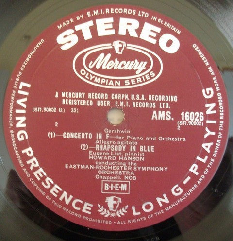George Gershwin, Eugene List ; Eastman-Rochester Orchestra, Howard Hanson : Concerto In F; Rhapsody In Blue (LP, Album)