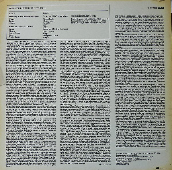 Dieterich Buxtehude, The Boston Museum Trio : Sonatae A Due, Pour Violon, Viole De Gambe Et Basse Continue (LP)