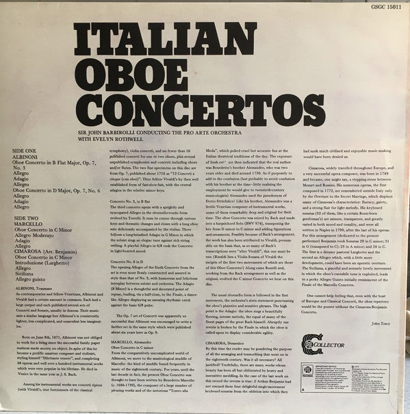 Tomaso Albinoni, Domenico Cimarosa, Alessandro Marcello With Evelyn Rothwell, Sir John Barbirolli, Pro Arte Orchestra : Italian Oboe Concertos (LP)