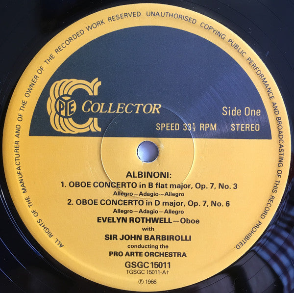 Tomaso Albinoni, Domenico Cimarosa, Alessandro Marcello With Evelyn Rothwell, Sir John Barbirolli, Pro Arte Orchestra : Italian Oboe Concertos (LP)