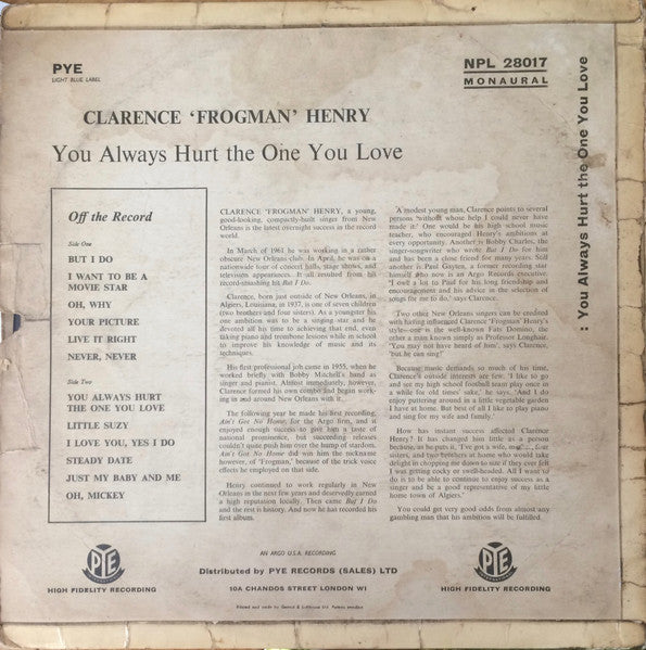 Clarence "Frogman" Henry : You Always Hurt The One You Love (LP, Album, Mono)