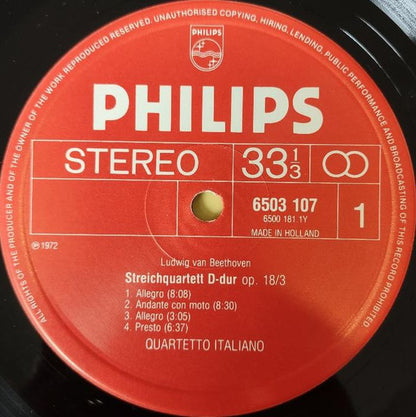 Ludwig van Beethoven, Quartetto Italiano : String Quartetes Op. 18 No.3 In D & No. 4 In C Minor (LP, Album)
