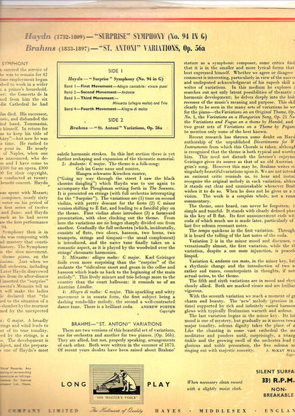 Wiener Philharmoniker : Haydn "surprise" Symphony And Brahms Variation On A Theme Of Haydn (LP, Mono)