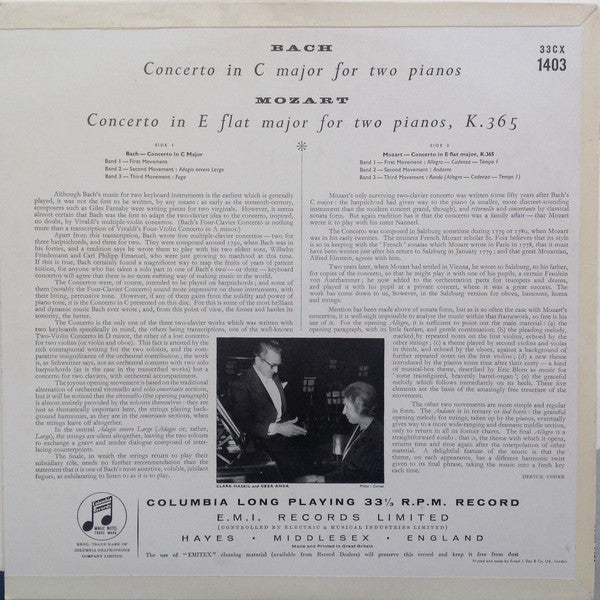 Clara Haskil, Géza Anda, Alceo Galliera, Philharmonia Orchestra : Concertos For Two Pianos - Bach - Mozart (LP, Album, Mono)