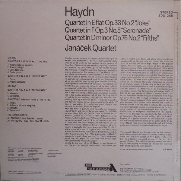 Joseph Haydn, Janáček Quartet : Quartet In E Flat Op. 33 No. 2 "Joke" / Quartet In F Op. 3 No. 5 "Serenade" / Quartet In D Minor Op. 76 No. 2 "Fifths" (LP, RP)