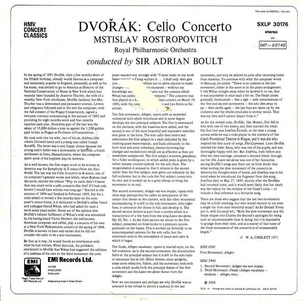 Antonín Dvořák, Mstislav Rostropovich, Royal Philharmonic Orchestra, Sir Adrian Boult : Cello Concerto In B Minor (LP, RE, RP)