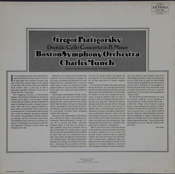 Antonín Dvořák : Gregor Piatigorsky, Charles Munch, Boston Symphony Orchestra : Dvořák: Cello Concerto In B Minor (LP)