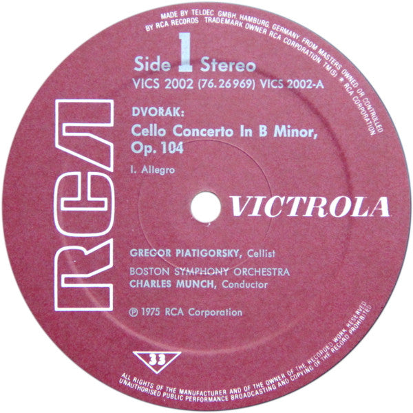Antonín Dvořák : Gregor Piatigorsky, Charles Munch, Boston Symphony Orchestra : Dvořák: Cello Concerto In B Minor (LP)