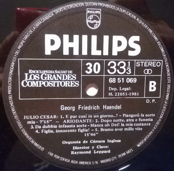 Georg Friedrich Händel - Elly Ameling, Norma Burrowes, Heather Harper, Edith Mathis, Janet Baker, David Rendall, John Shirley-Quirk, Samuel Ramey, Sir Colin Davis, Raymond Leppard, London Symphony Chorus Y London Symphony Orchestra : El Mesías / Josué / Jerjes / Julio César / Ariodante / Selecciones (LP)