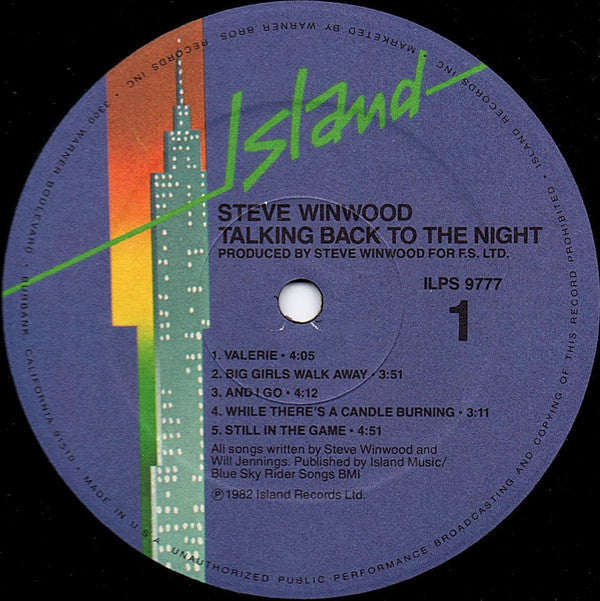 Steve Winwood : Talking Back To The Night (LP, Album, SRC)