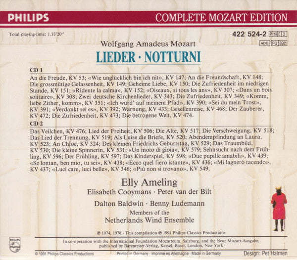 Wolfgang Amadeus Mozart - Elly Ameling, Elisabeth Cooymans, Peter van der Bilt, Dalton Baldwin, Benny Ludemann, Nederlands Blazers Ensemble : Lieder • Notturni (2xCD, Comp, RM + Box, Sli)