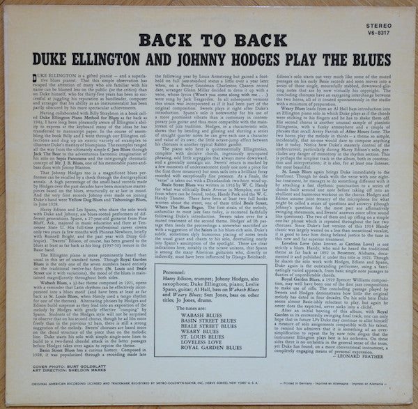 Duke Ellington & Johnny Hodges : Back To Back (Duke Ellington And Johnny Hodges Play The Blues) (LP, Album, RE)