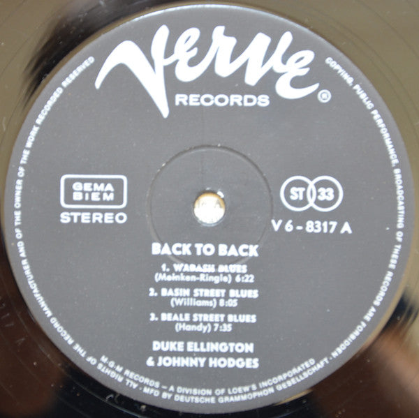 Duke Ellington & Johnny Hodges : Back To Back (Duke Ellington And Johnny Hodges Play The Blues) (LP, Album, RE)