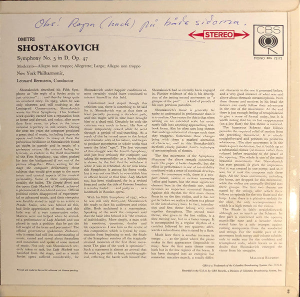 Leonard Bernstein And New York Philharmonic, Dmitri Shostakovich : Symphony No. 5, Op 47 (LP)