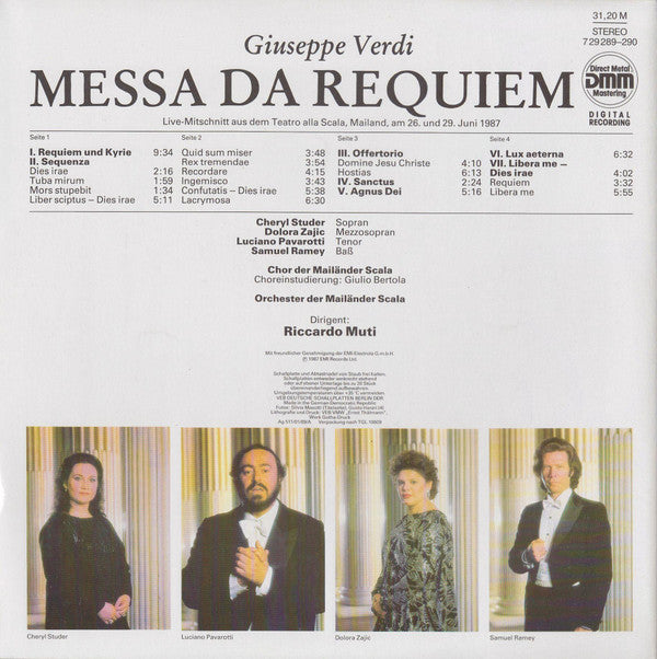 Giuseppe Verdi - Cheryl Studer, Dolora Zajick, Luciano Pavarotti, Samuel Ramey, Coro Del Teatro Alla Scala Und Orchestra Del Teatro Alla Scala , Dirigent Riccardo Muti : Messa Da Requiem (2xLP, Gat)
