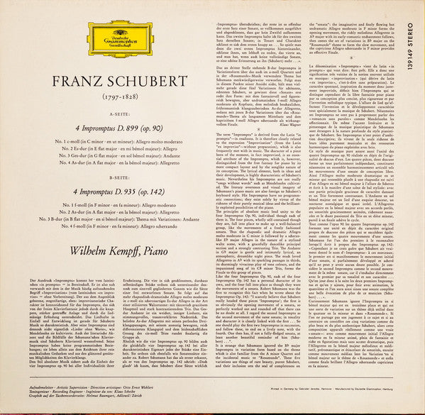 Franz Schubert, Wilhelm Kempff : Impromptus (LP, Album, RE)