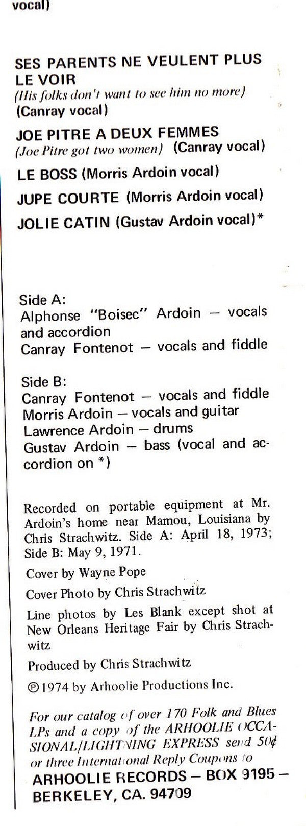 Alphonse "Bois Sec" Ardoin With Canray Fontenot & Ardoin Brothers Orchestra : La Musique Creole (LP, Album)