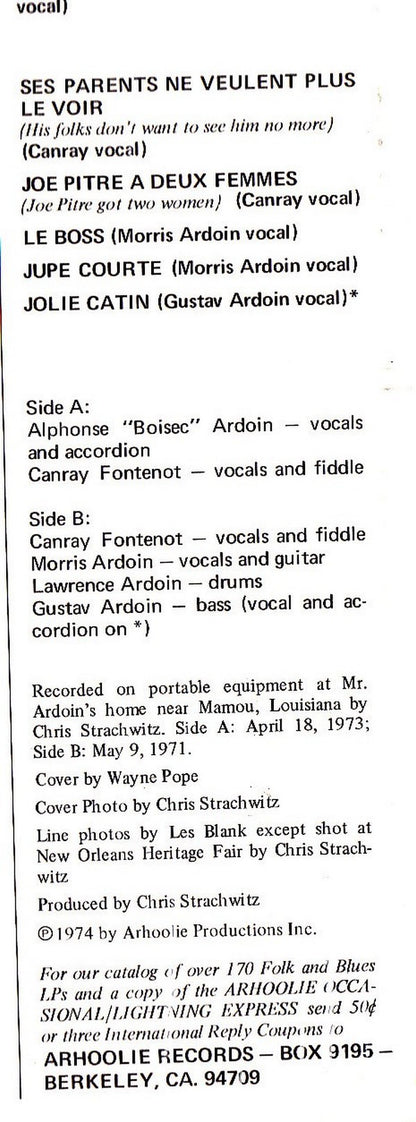 Alphonse "Bois Sec" Ardoin With Canray Fontenot & Ardoin Brothers Orchestra : La Musique Creole (LP, Album)