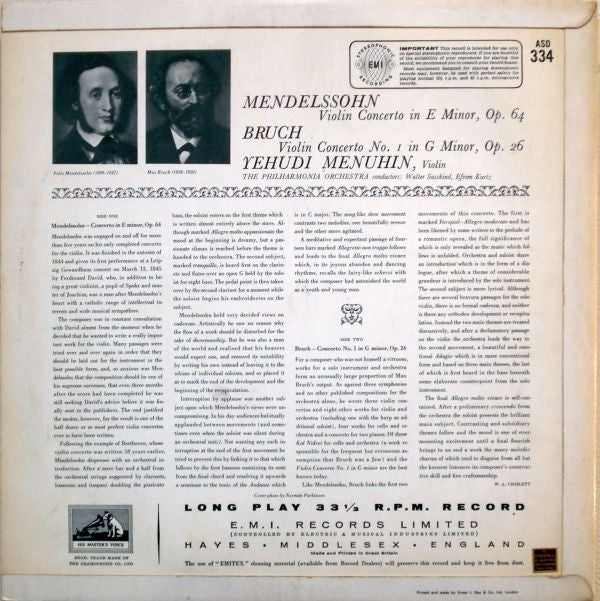 Felix Mendelssohn-Bartholdy / Max Bruch ; Yehudi Menuhin , The Philharmonia Orchestra, Walter Susskind, Efrem Kurtz : Concerto In E Minor, Op. 64 / Concerto No.1 In G Minor, Op. 26 (LP, Album, RE)