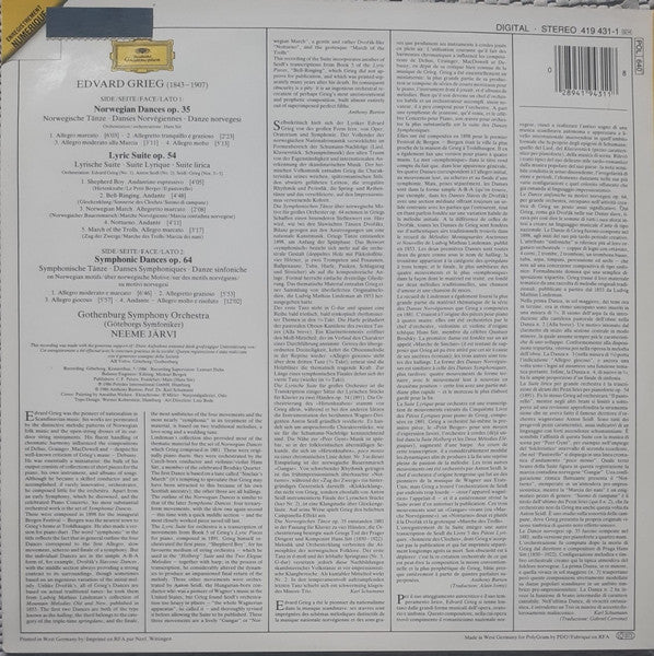 Edvard Grieg - Göteborgs Symfoniker • Neeme Järvi : Symphonic Dances Op. 64 • Norwegian Dances Op. 35 • Lyric Suite Op. 54 (LP)
