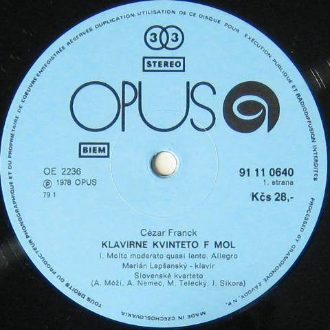 César Franck, Marián Lapšanský, The Slovak Quartet : Piano Quintet In F Minor (LP, Album)