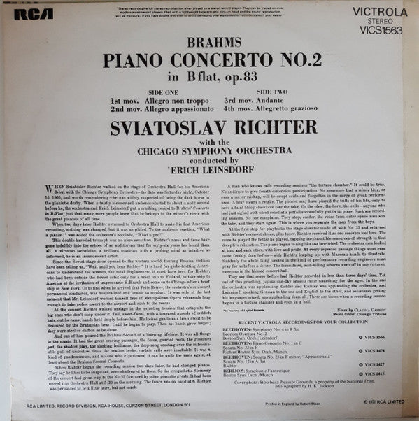 Johannes Brahms / Sviatoslav Richter, Chicago Symphony Orchestra, Erich Leinsdorf : Piano Concerto No. 2 In B Flat (LP)