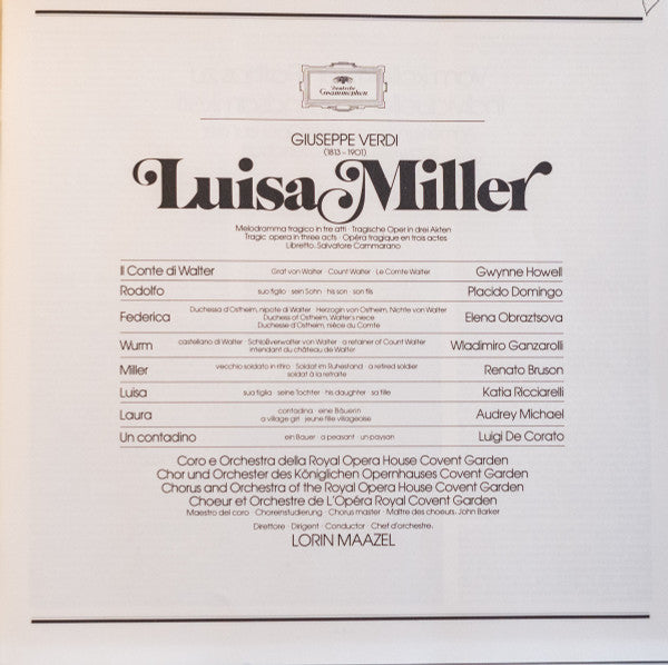 Giuseppe Verdi, Katia Ricciarelli, Placido Domingo, Renato Bruson, Elena Obraztsova, Chorus Of The Royal Opera House, Covent Garden And Orchestra Of The Royal Opera House, Covent Garden, Lorin Maazel : Luisa Miller (3xLP + Box)