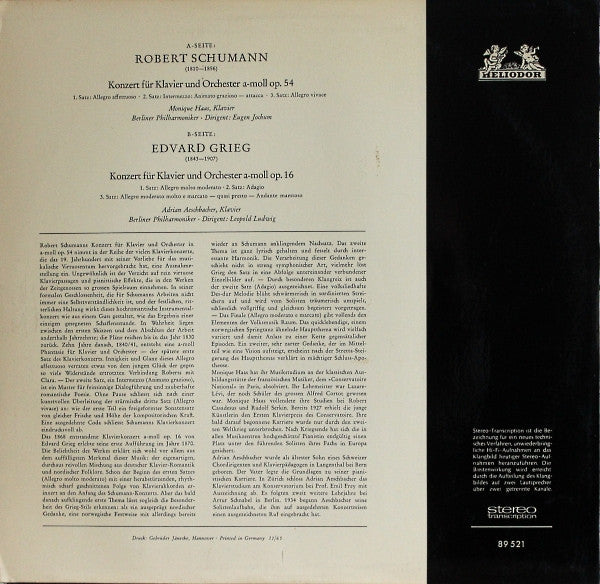 Robert Schumann / Edvard Grieg, Berliner Philharmoniker • Monique Haas • Adrian Aeschbacher • Eugen Jochum • Leopold Ludwig : Konzert Für Klavier Und Orchester A-moll Op. 54 / Konzert Für Klavier Und Orchester A-moll Op. 16 (LP)