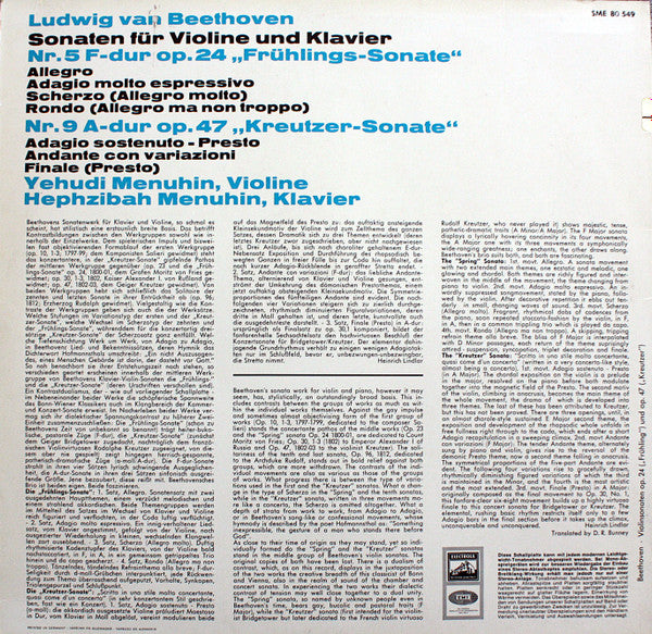 Ludwig van Beethoven - Yehudi Menuhin, Hephzibah Menuhin : Sonaten Für Violine Und Klavier Nr. 5 F-dur Op. 24 "Frühlings-Sonate", Nr. 9 A-dur Op. 47 "Kreutzer-Sonate" (LP, RP)