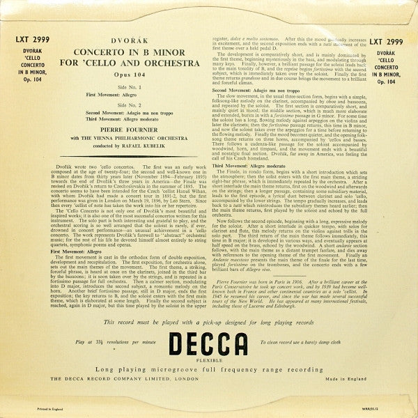 Antonín Dvořák, Pierre Fournier, Wiener Philharmoniker Conducted By Rafael Kubelik : Concerto In B Minor For 'Cello And Orchestra (LP, Mono, RP)