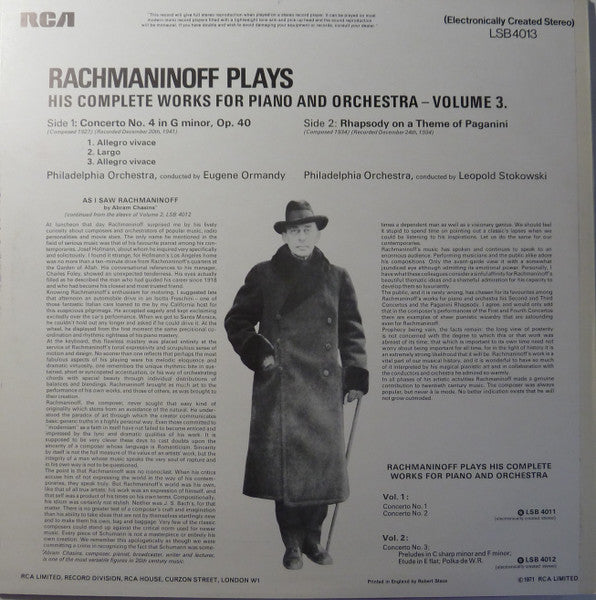 Sergei Rachmaninoff, Eugene Ormandy, Leopold Stokowski, The Philadelphia Orchestra : Rachmaninoff Plays His Complete Works For Piano And Orchestra - Volume 3 (LP, Comp)