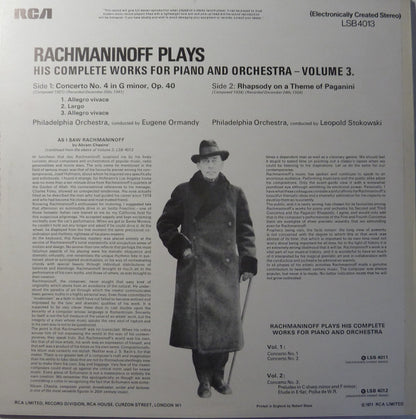 Sergei Rachmaninoff, Eugene Ormandy, Leopold Stokowski, The Philadelphia Orchestra : Rachmaninoff Plays His Complete Works For Piano And Orchestra - Volume 3 (LP, Comp)