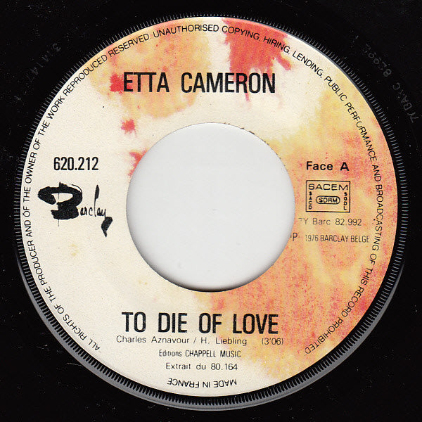 Etta Cameron : To Die Of Love  (7", Single)