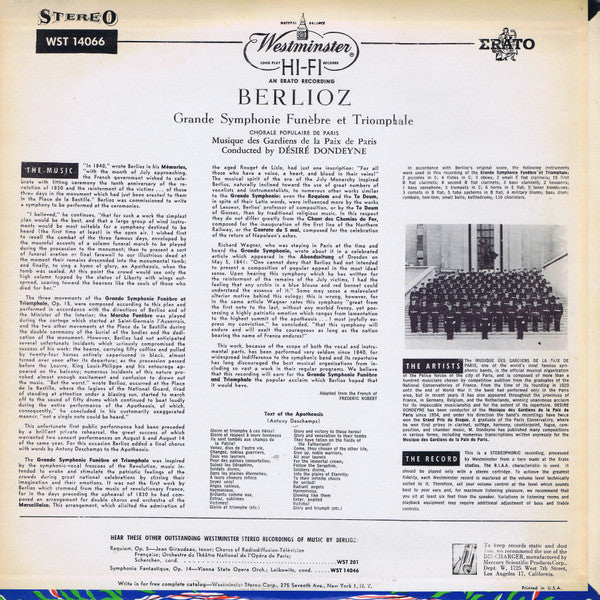 Hector Berlioz - Musique Des Gardiens De La Paix, Désiré Dondeyne : Symphonie Funèbre Et Triomphale, Op. 15 (LP, Album)