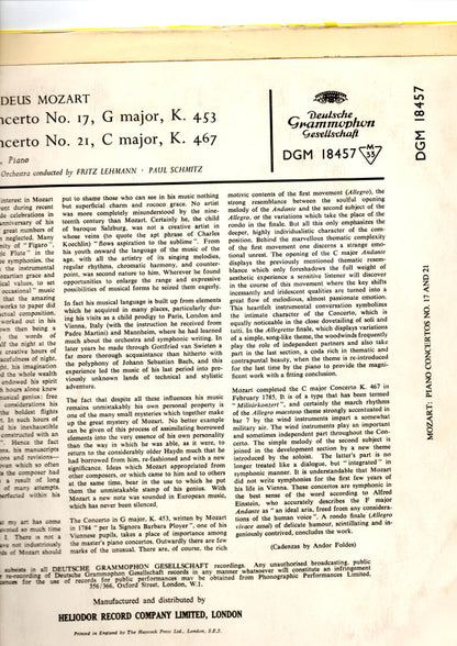 Wolfgang Amadeus Mozart, Andor Foldes, Berliner Philharmoniker, Fritz Lehmann, Paul Schmitz : Mozart - Piano Concerto No. 17 In G Major, K. 453, Piano Concerto No. 21 In C Major, K. 467 (LP, Album)