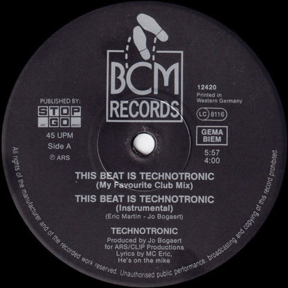 Technotronic Feat. MC Eric : This Beat Is Technotronic (12", Maxi)